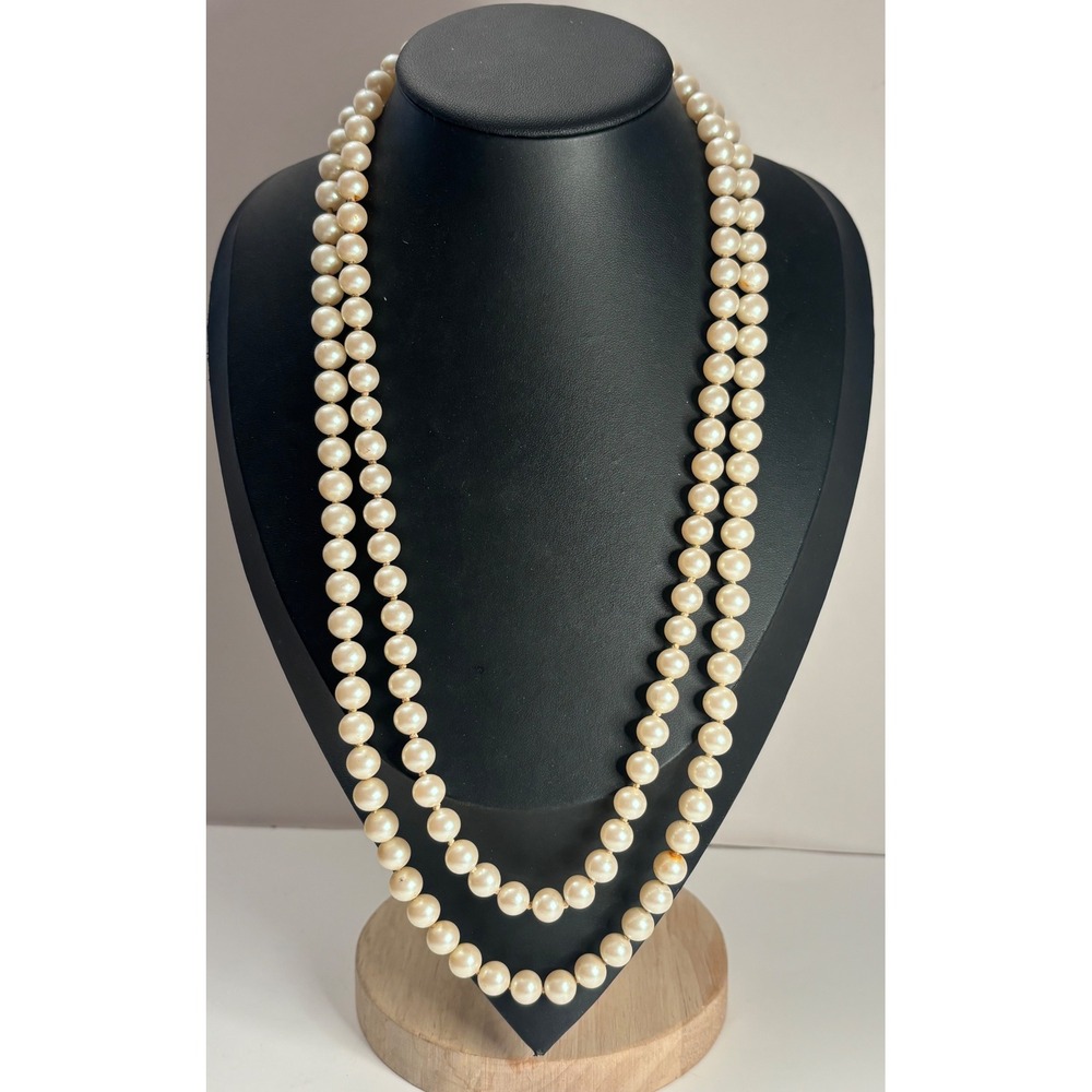 1950s Glass Pearl Classic Double Strand Necklace Floral Rhinestone Clasp 23in